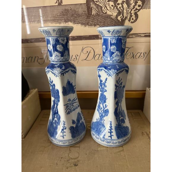 2 China Chinese Blue & White Porcelain Candlesticks Bamboo Prunus & Fungi pair - Picture 2 of 16